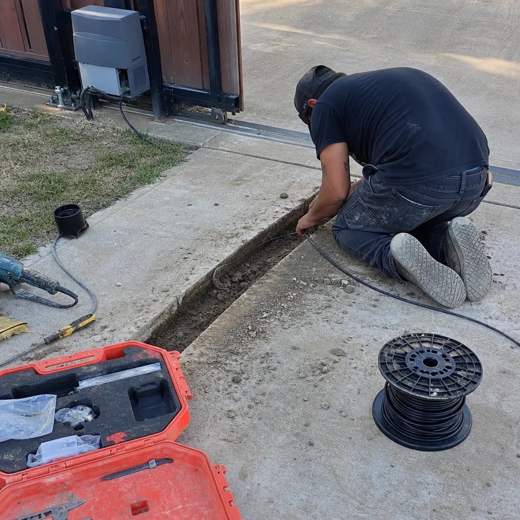 Technician installing wiring for automated gate access control system nationwide