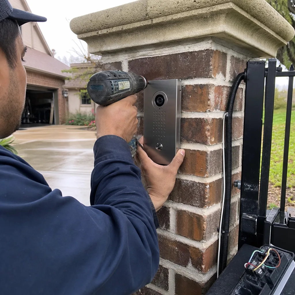 Technician installing a gate intercom access control system on a brick pillar nationwide