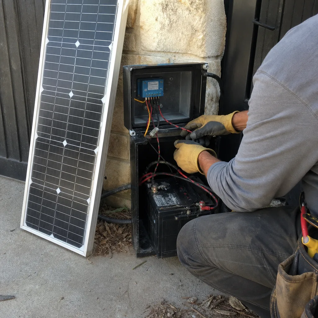 Technician repairing gate access control system with solar panel and battery in Rockwall, TX