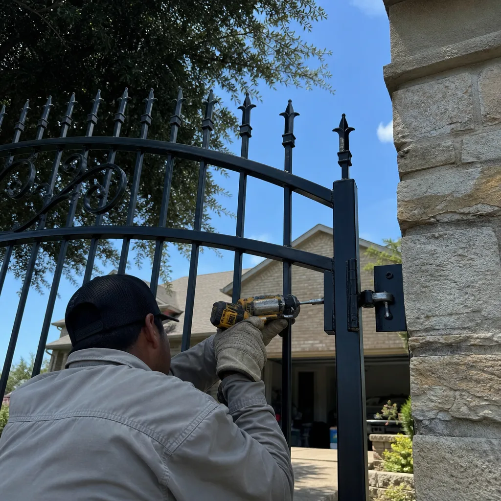 Professional contractor performing metal gate installation and repair