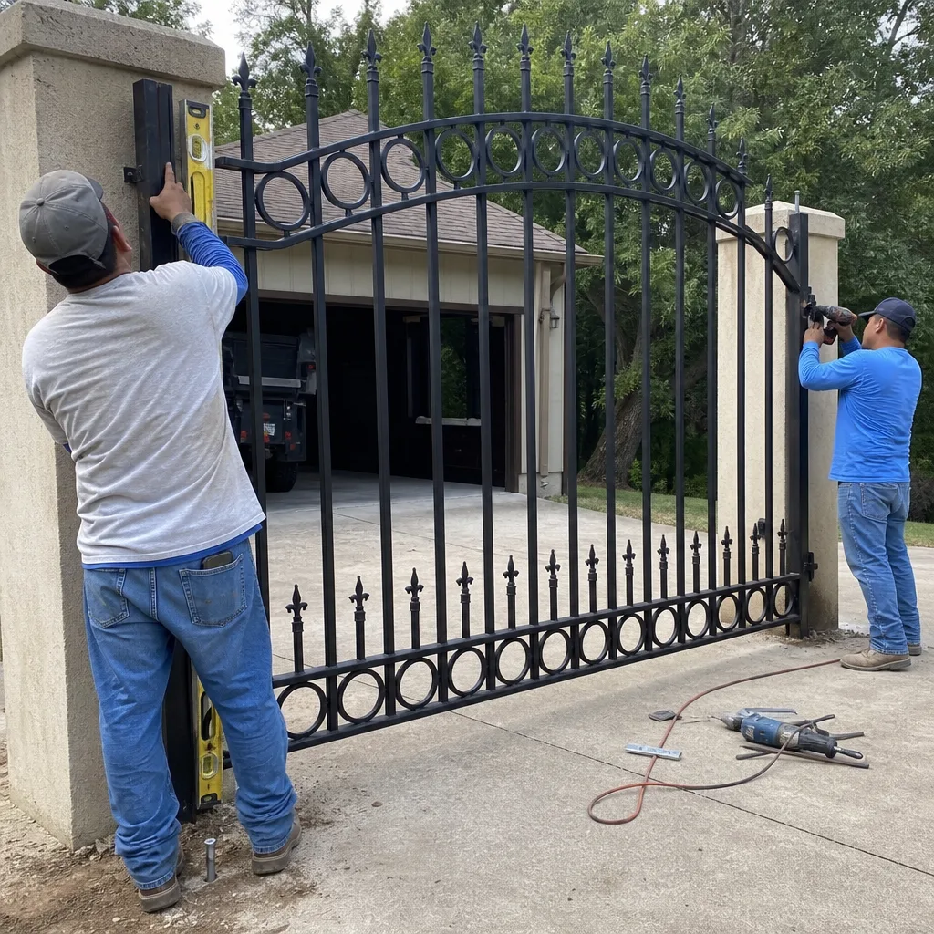 Two technicians installing a decorative black wrought iron driveway gate.