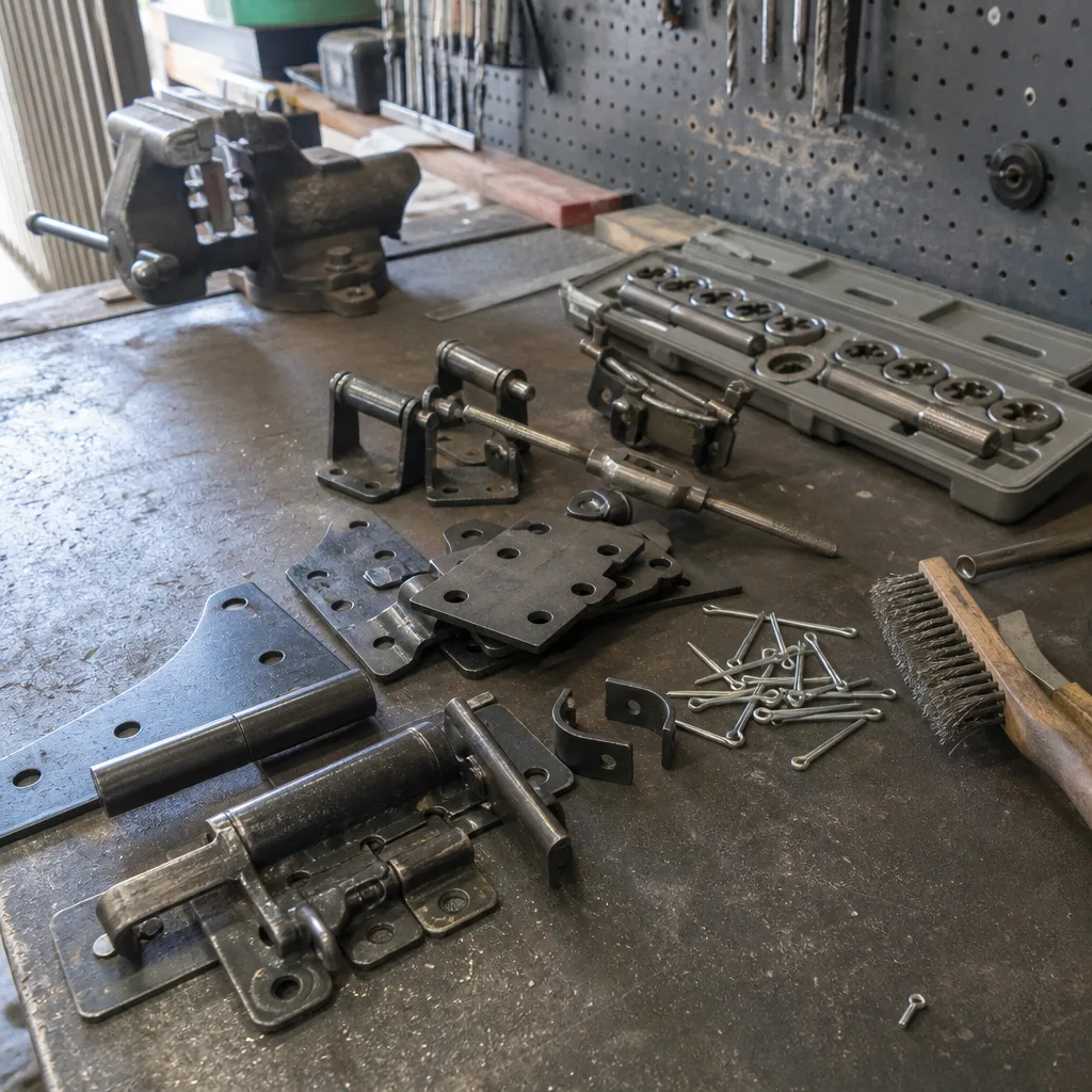 Custom steel gate hinges and hardware laid out on a workshop workbench in Crandall, TX