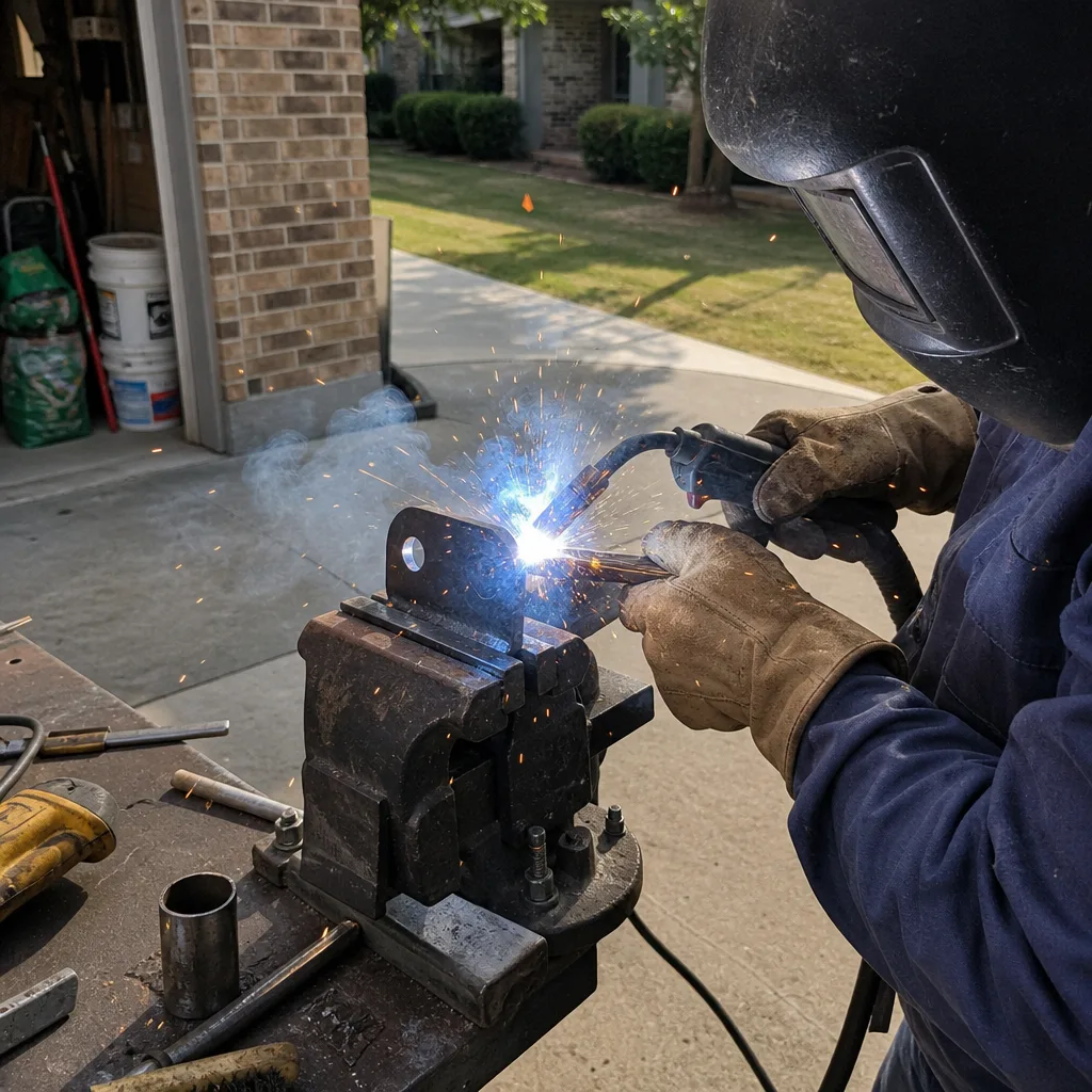 Professional welding metal gate parts in a repair workshop in Rockwall, TX
