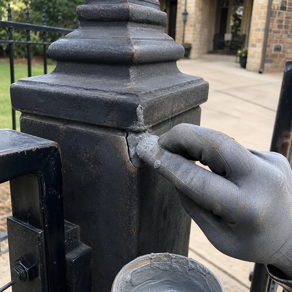 Professional contractor applying epoxy filler to repair a metal gate post